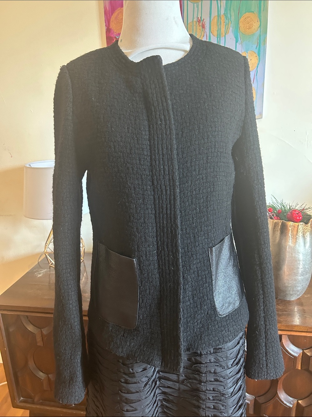 Vince Black Textured Blazer with Leather Trim